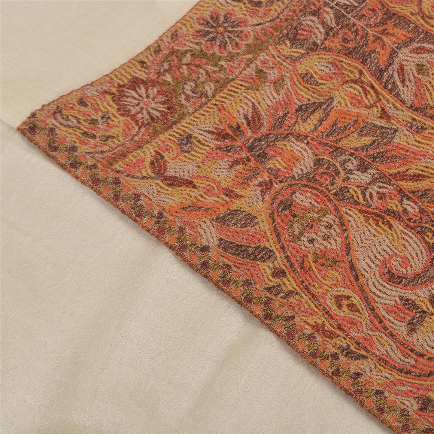 Sanskriti New Cream Pure Fine Wool Shawl Woven Work Long Stole Soft Scarf 86x28