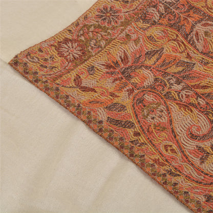 Sanskriti New Cream Pure Fine Wool Shawl Woven Work Long Stole Soft Scarf 86x28