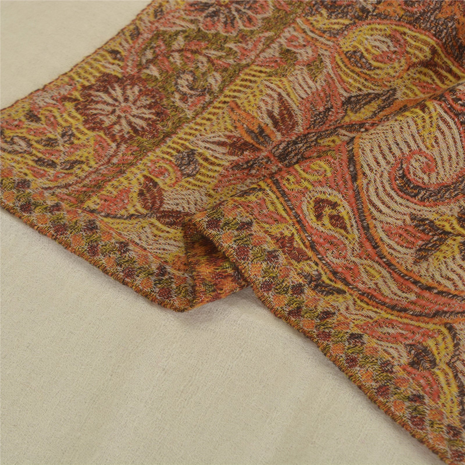 Sanskriti New Cream Pure Fine Wool Shawl Woven Work Long Stole Soft Scarf 86x28