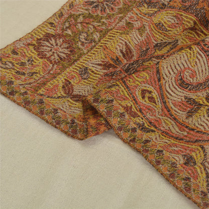 Sanskriti New Cream Pure Fine Wool Shawl Woven Work Long Stole Soft Scarf 86x28