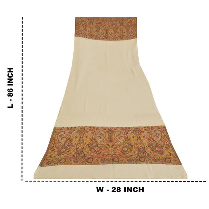 Sanskriti New Cream Pure Fine Wool Shawl Woven Work Long Stole Soft Scarf 86x28