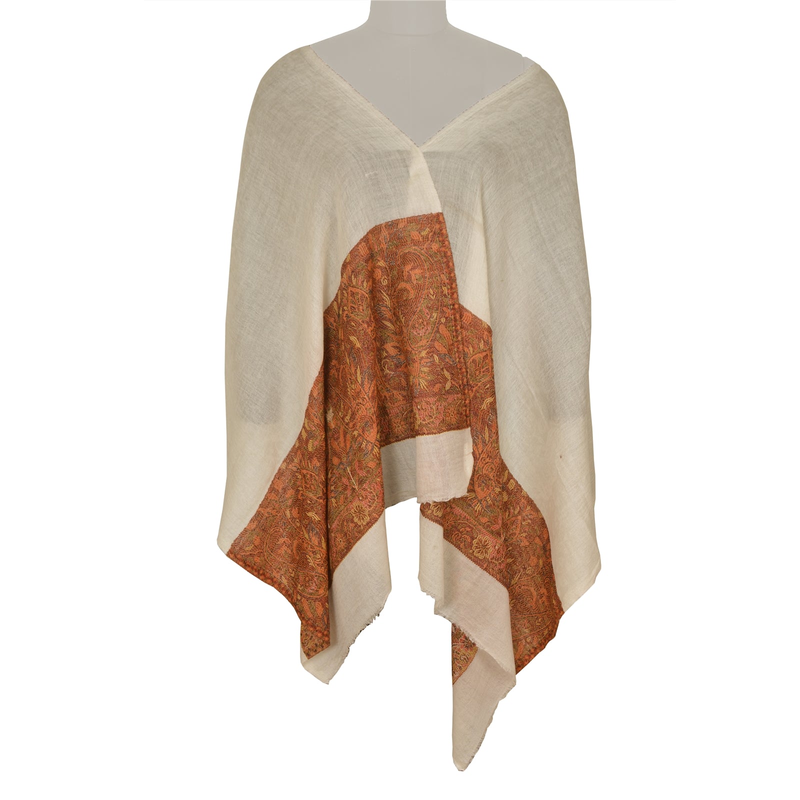 Sanskriti New Cream Pure Fine Wool Shawl Woven Work Long Stole Soft Scarf 86x28