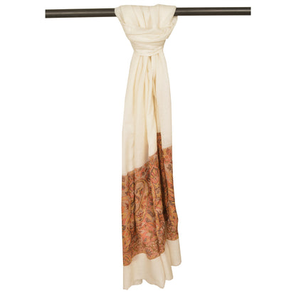 Sanskriti New Cream Pure Fine Wool Shawl Woven Work Long Stole Soft Scarf 86x28