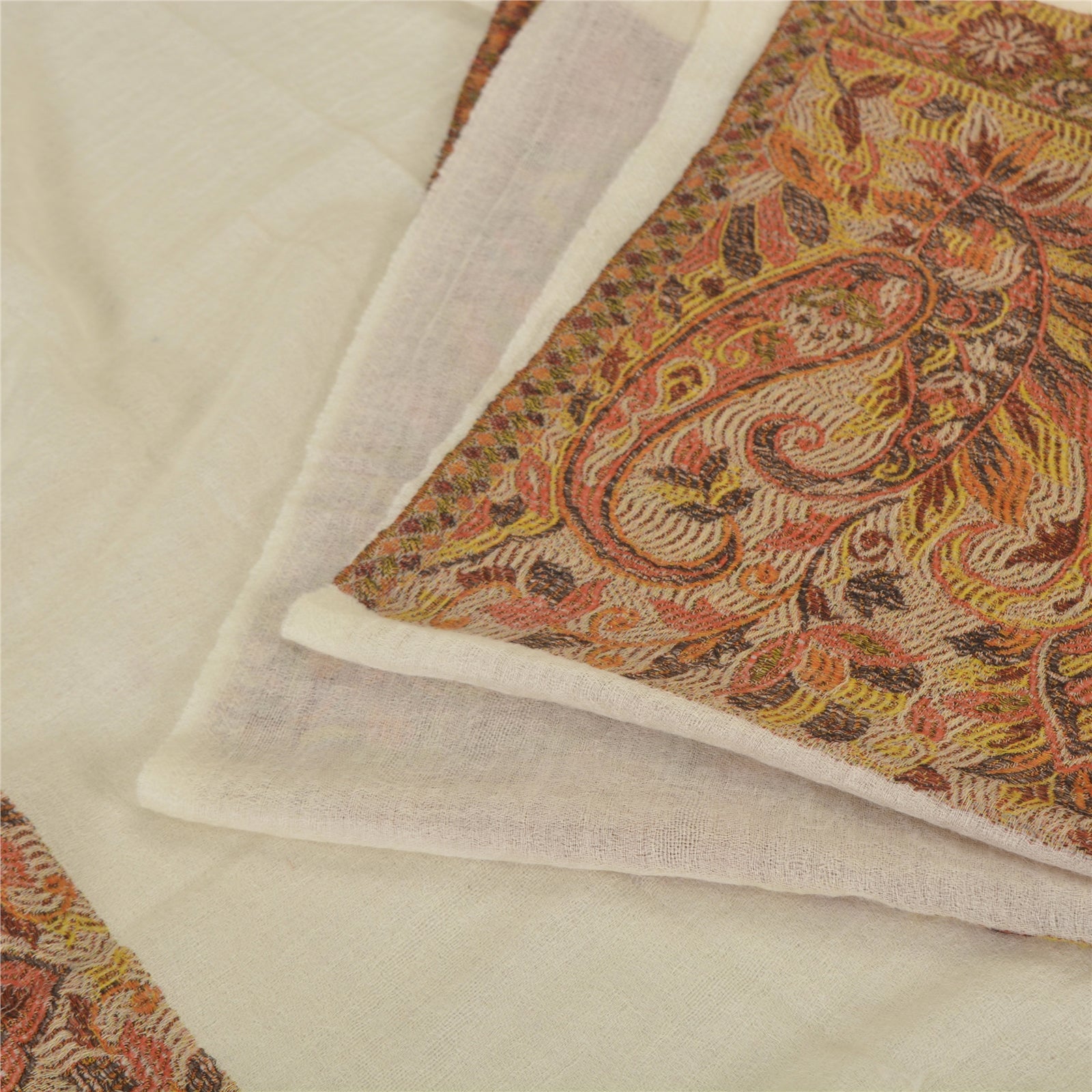 Sanskriti New Cream Pure Fine Wool Shawl Woven Work Long Stole Soft Scarf 86x28