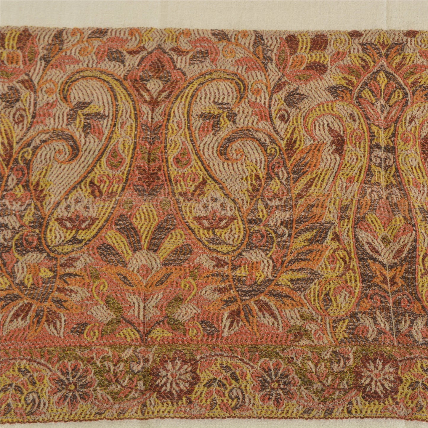 Sanskriti New Cream Pure Fine Wool Shawl Woven Work Long Stole Soft Scarf 86x28
