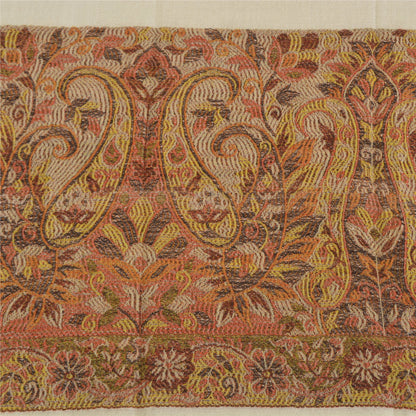 Sanskriti New Cream Pure Fine Wool Shawl Woven Work Long Stole Soft Scarf 86x28