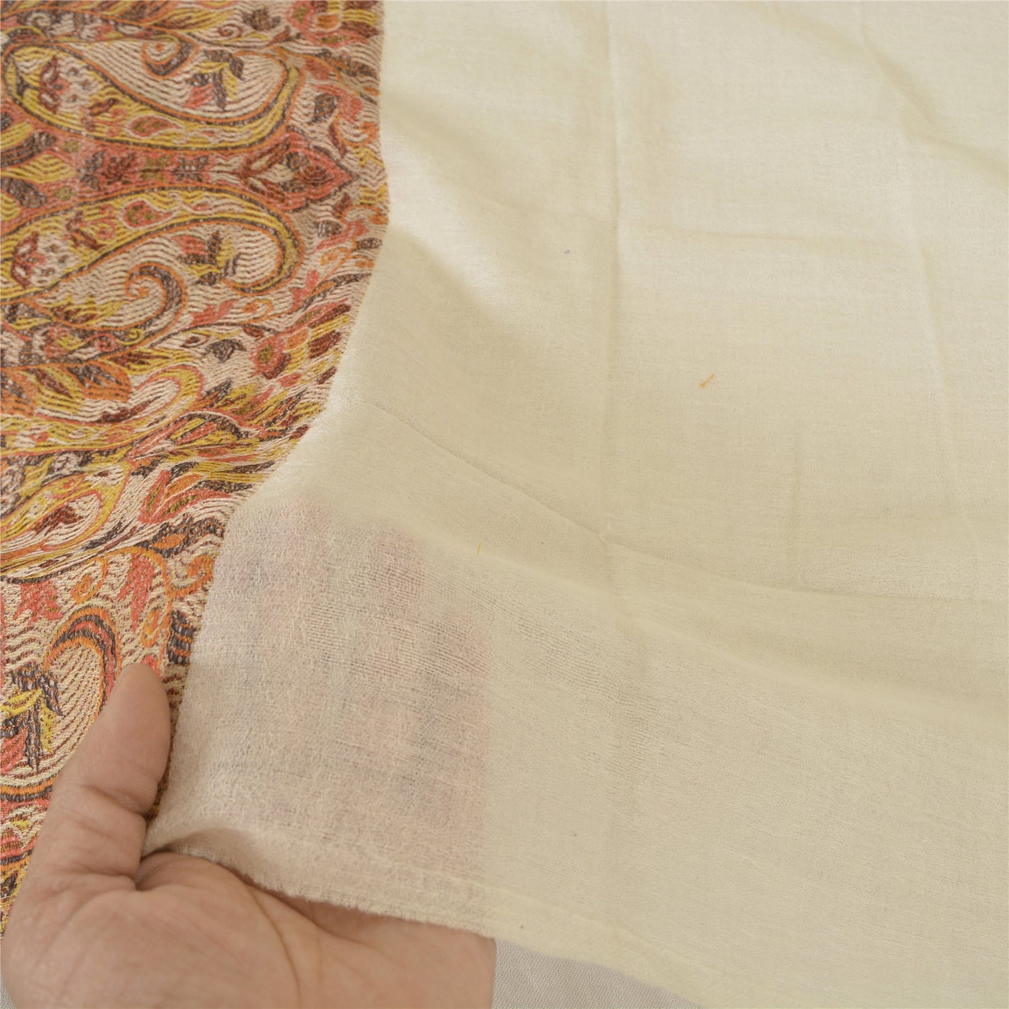 Sanskriti New Cream Pure Fine Wool Shawl Woven Work Long Stole Soft Scarf 86x28