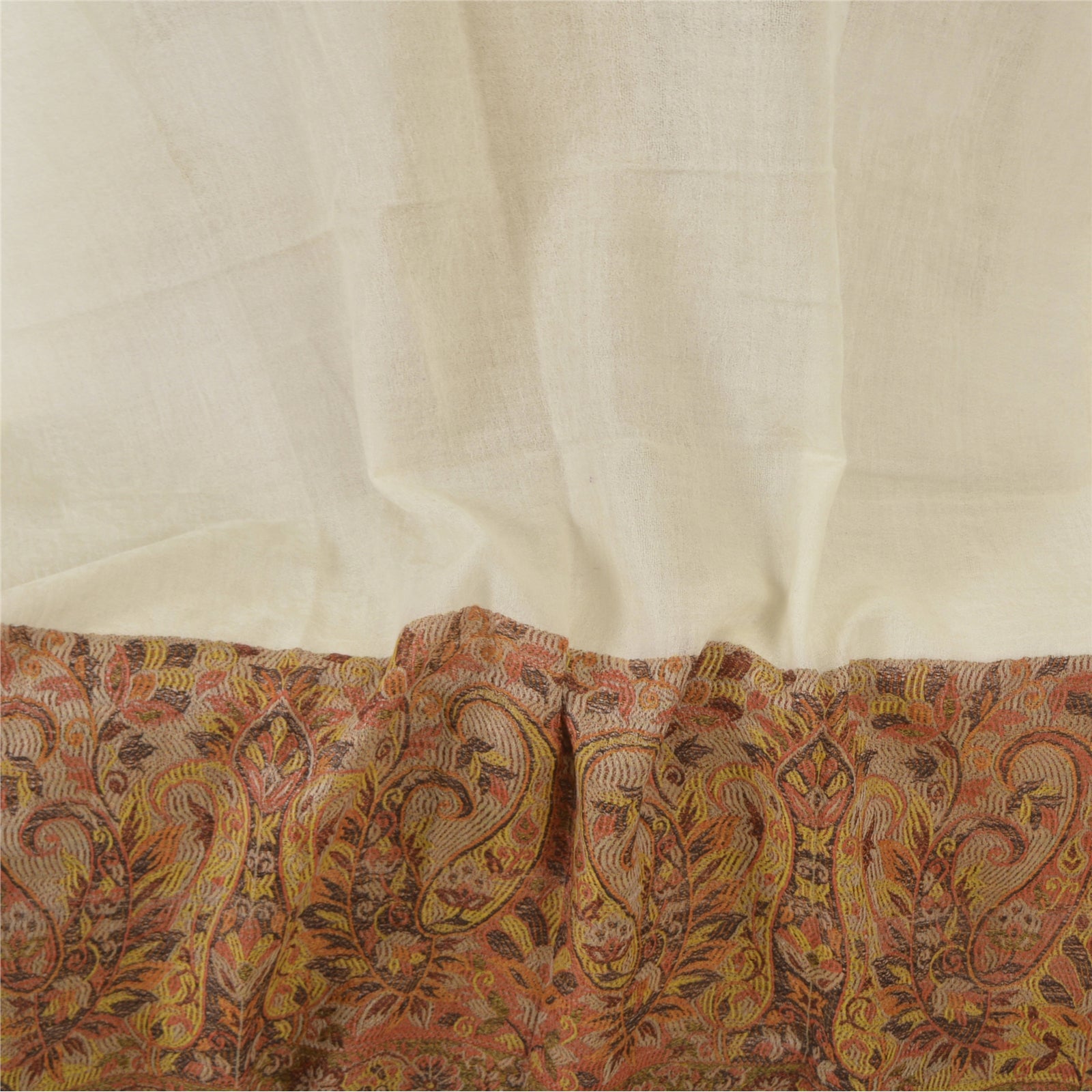 Sanskriti New Cream Pure Fine Wool Shawl Woven Work Long Stole Soft Scarf 86x28