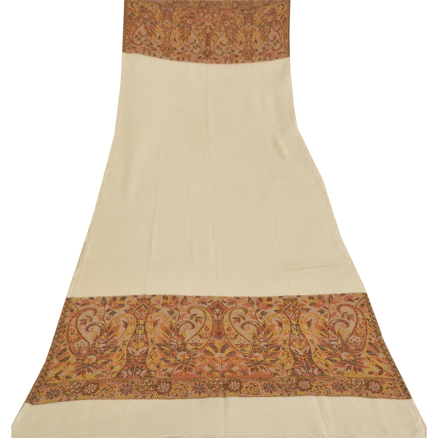Sanskriti New Cream Pure Fine Wool Shawl Woven Work Long Stole Soft Scarf 86x28