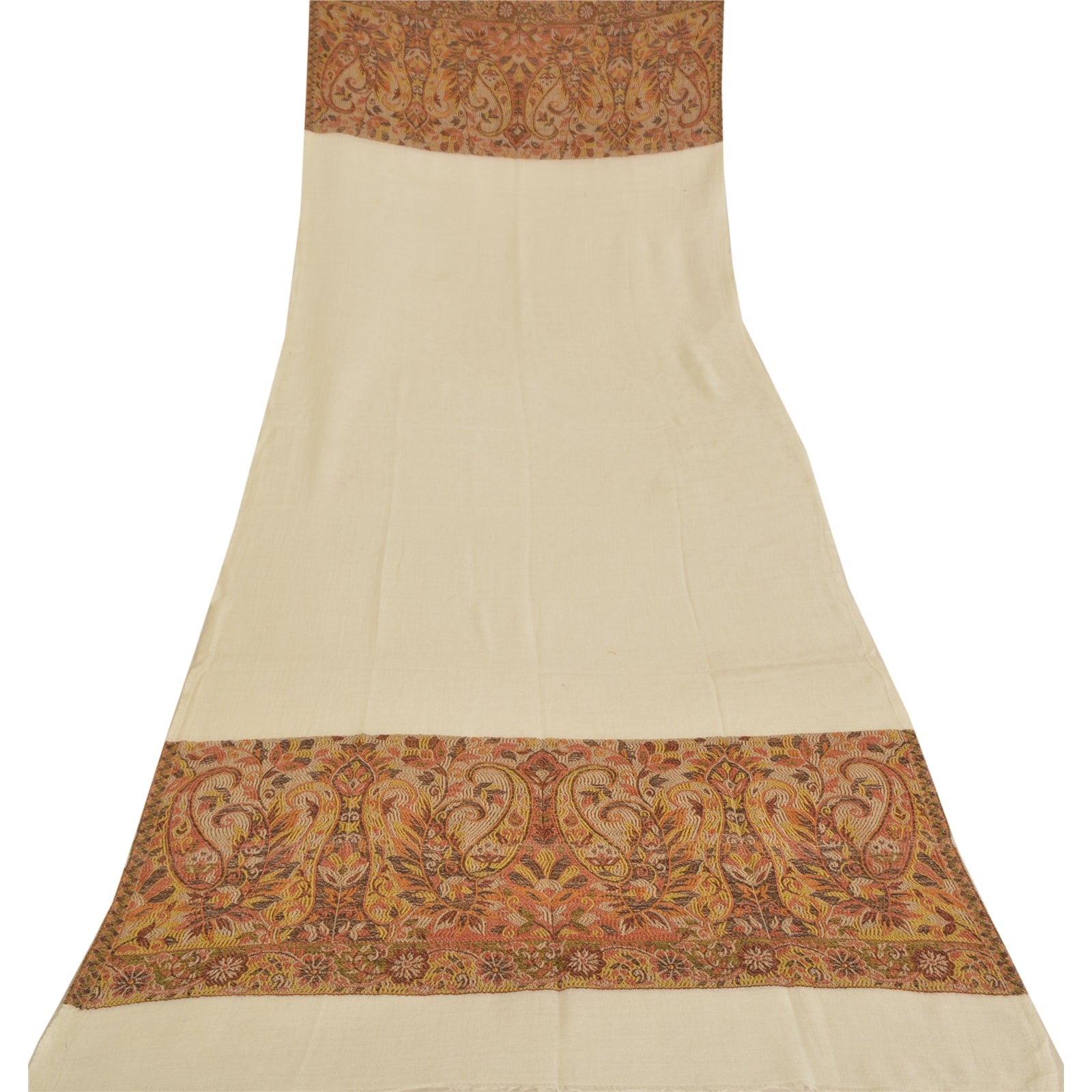Sanskriti New Cream Pure Fine Wool Shawl Woven Work Long Stole Soft Scarf 86x28