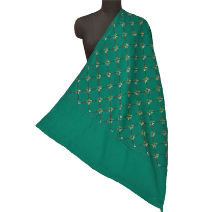 Sanskriti Vintage Green Pure Woolen Shawl Hand Crafted Long Stole Throw Scarf