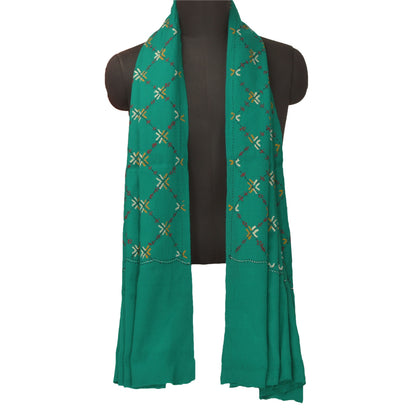 Sanskriti Vintage Green Pure Woolen Shawl Hand Crafted Long Stole Throw Scarf