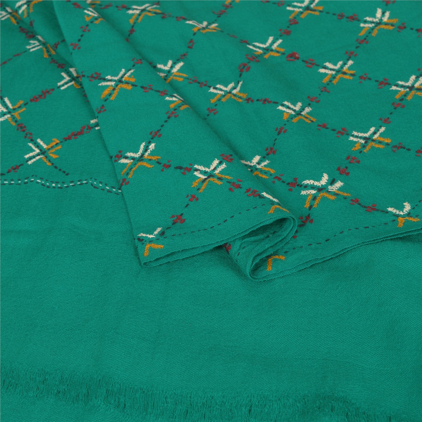 Sanskriti Vintage Green Pure Woolen Shawl Hand Crafted Long Stole Throw Scarf