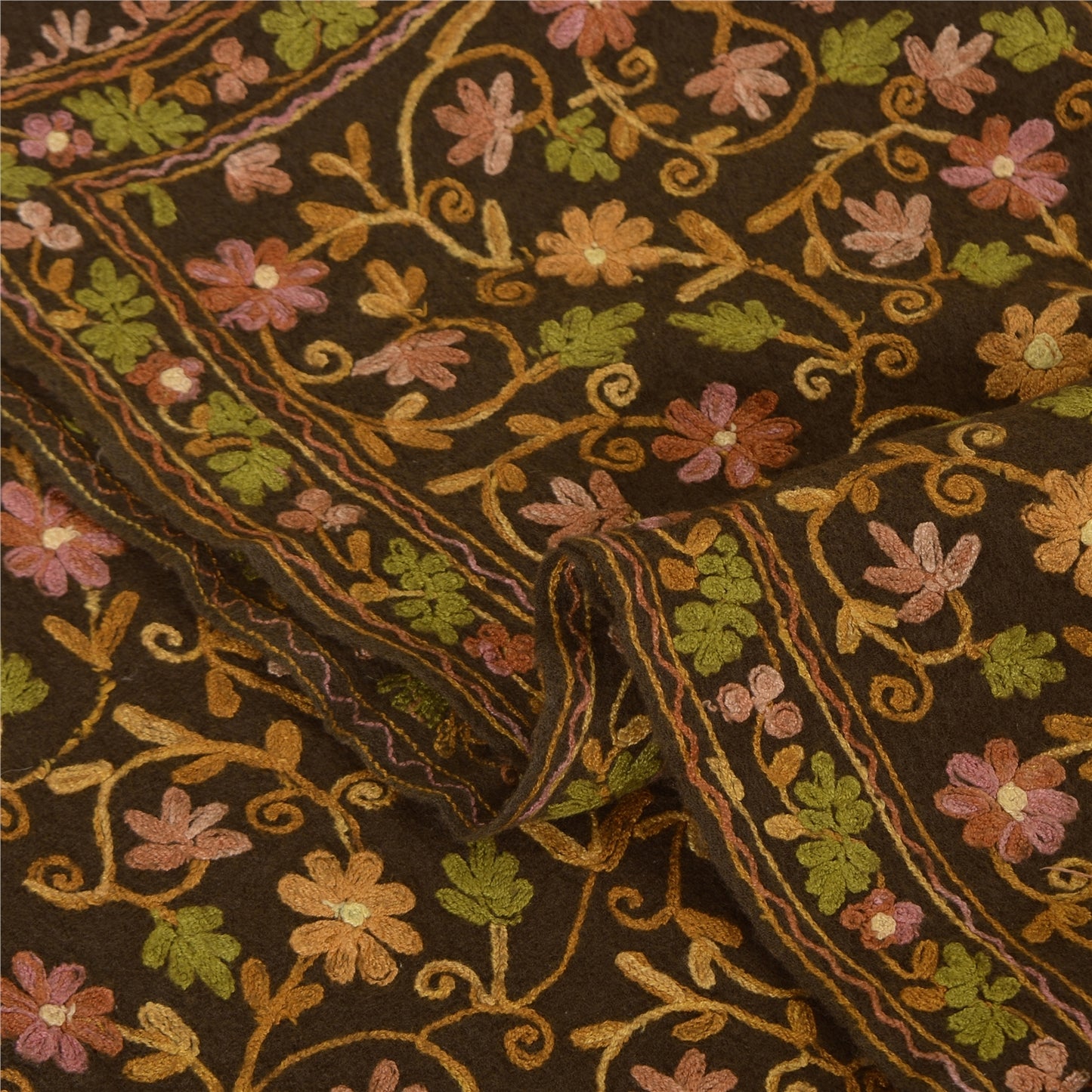 Sanskriti Vintage Brown Pure Woolen Shawl Handmade Aari Work Long Stole Scarf