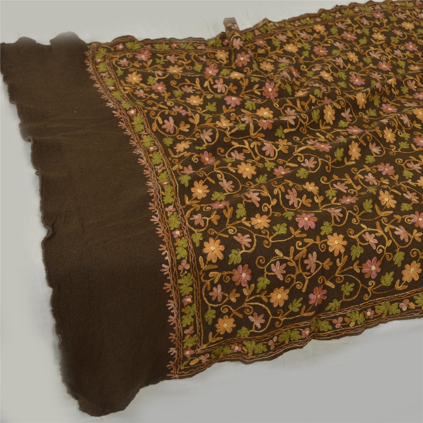 Sanskriti Vintage Brown Pure Woolen Shawl Handmade Aari Work Long Stole Scarf