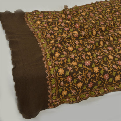 Sanskriti Vintage Brown Pure Woolen Shawl Handmade Aari Work Long Stole Scarf
