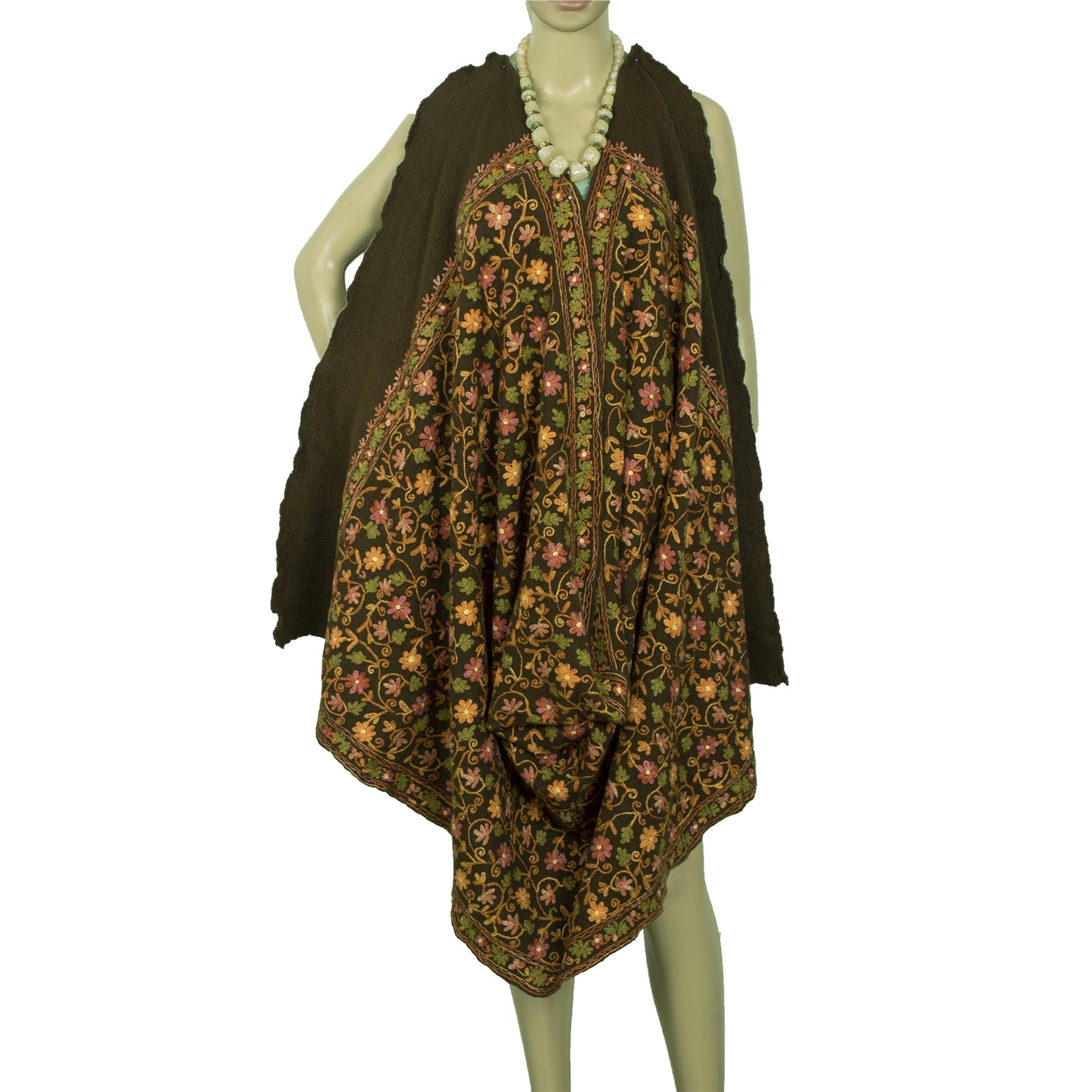 Sanskriti Vintage Brown Pure Woolen Shawl Handmade Aari Work Long Stole Scarf