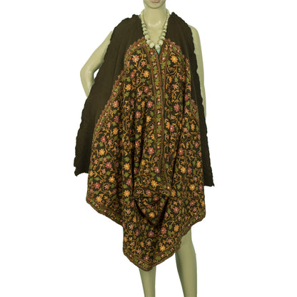 Sanskriti Vintage Brown Pure Woolen Shawl Handmade Aari Work Long Stole Scarf