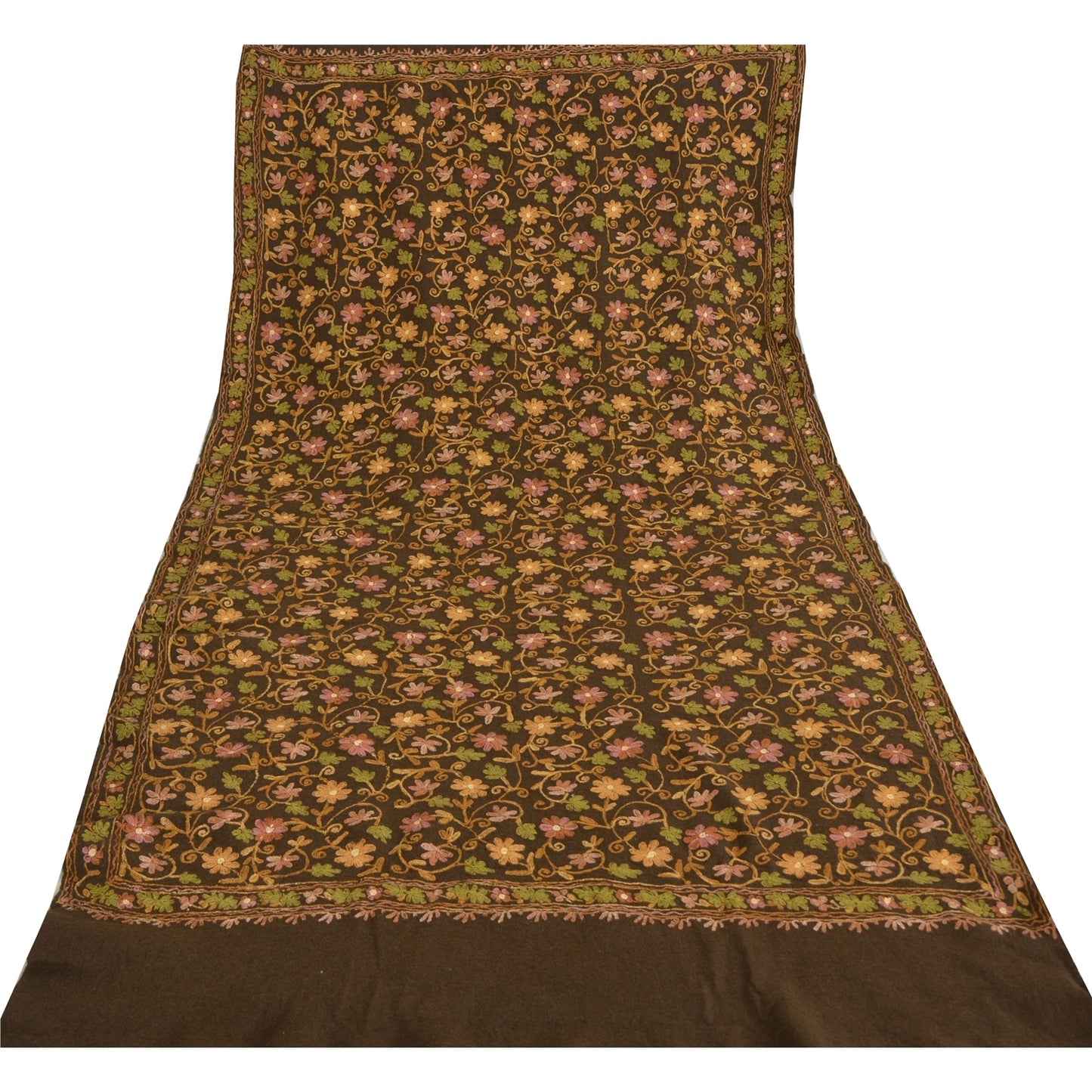 Sanskriti Vintage Brown Pure Woolen Shawl Handmade Aari Work Long Stole Scarf