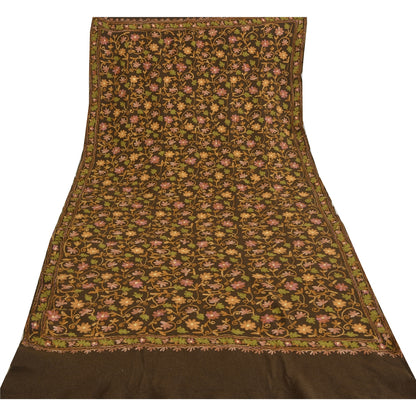 Sanskriti Vintage Brown Pure Woolen Shawl Handmade Aari Work Long Stole Scarf