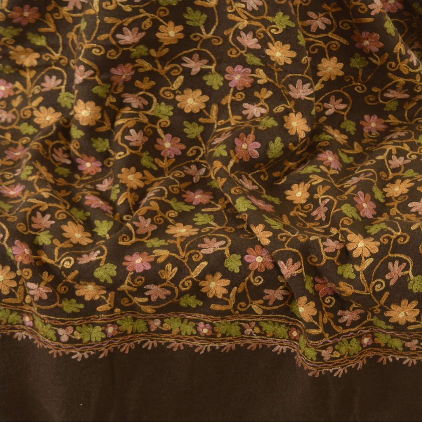 Sanskriti Vintage Brown Pure Woolen Shawl Handmade Aari Work Long Stole Scarf