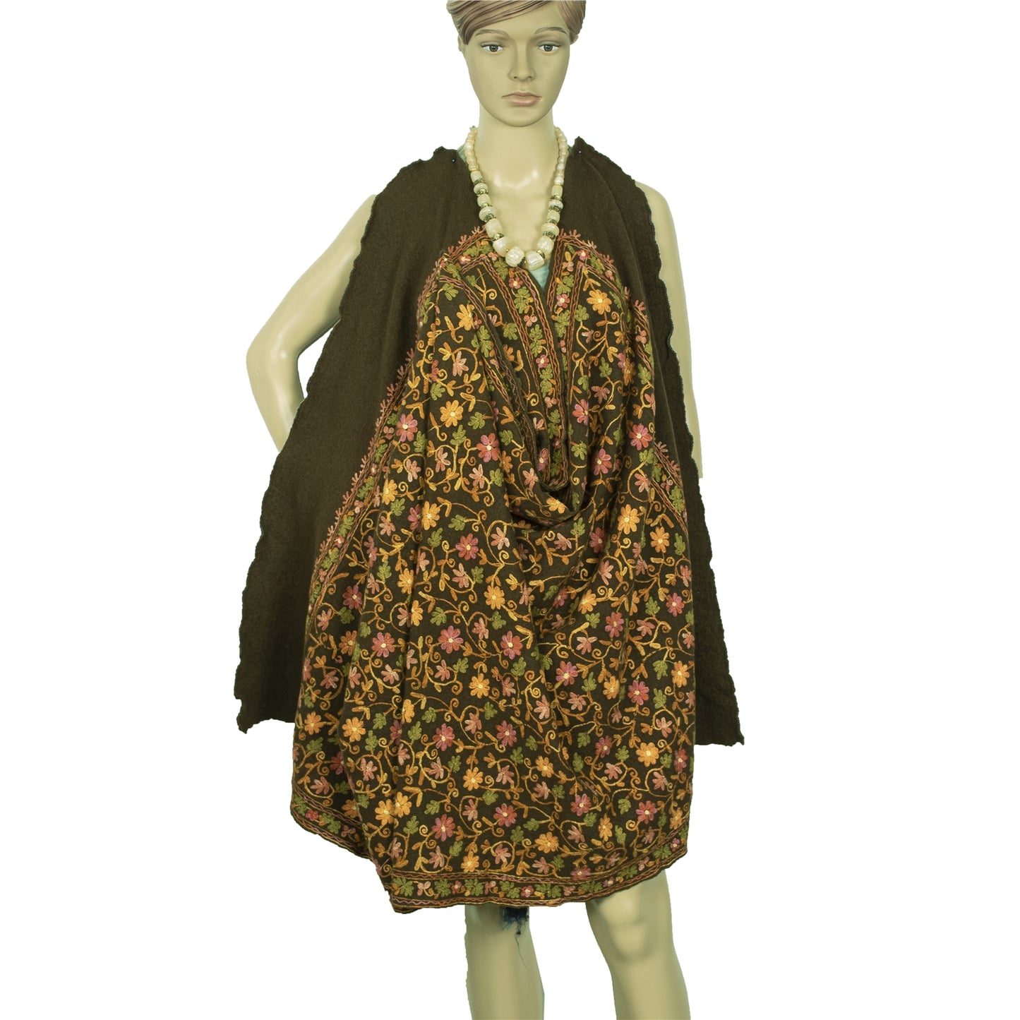 Sanskriti Vintage Brown Pure Woolen Shawl Handmade Aari Work Long Stole Scarf