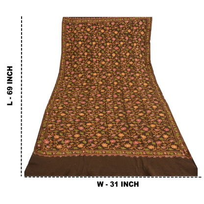 Sanskriti Vintage Brown Pure Woolen Shawl Handmade Aari Work Long Stole Scarf