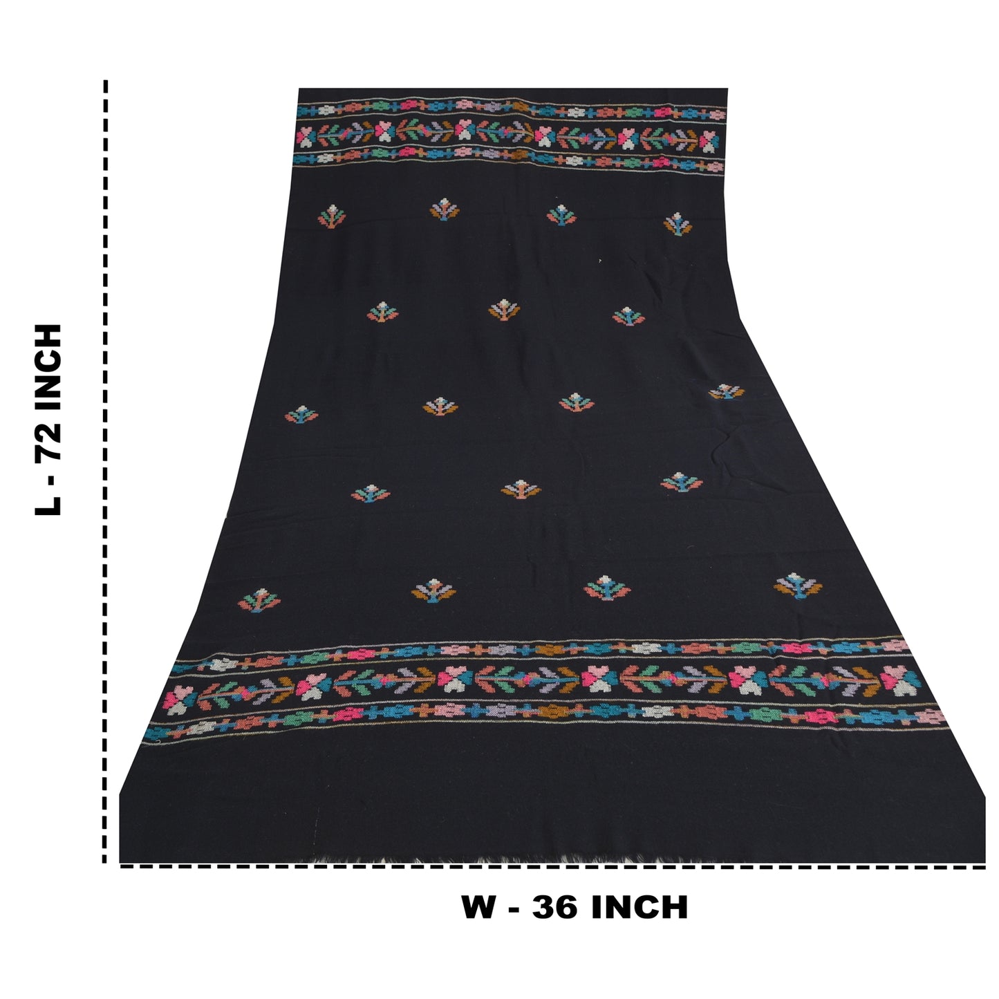 Sanskriti Vintage Long Stole Pure Wool Black Hand Embroidered Kullu Shawl