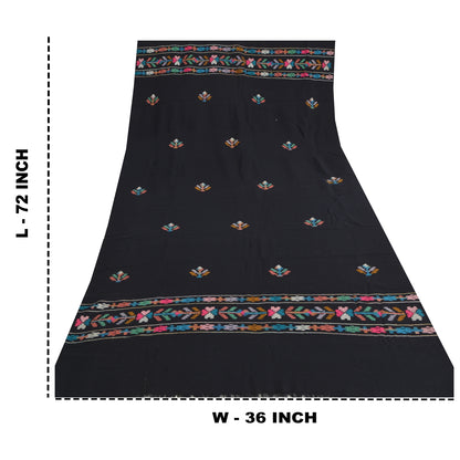 Sanskriti Vintage Long Stole Pure Wool Black Hand Embroidered Kullu Shawl
