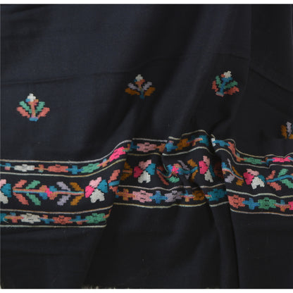 Sanskriti Vintage Long Stole Pure Wool Black Hand Embroidered Kullu Shawl