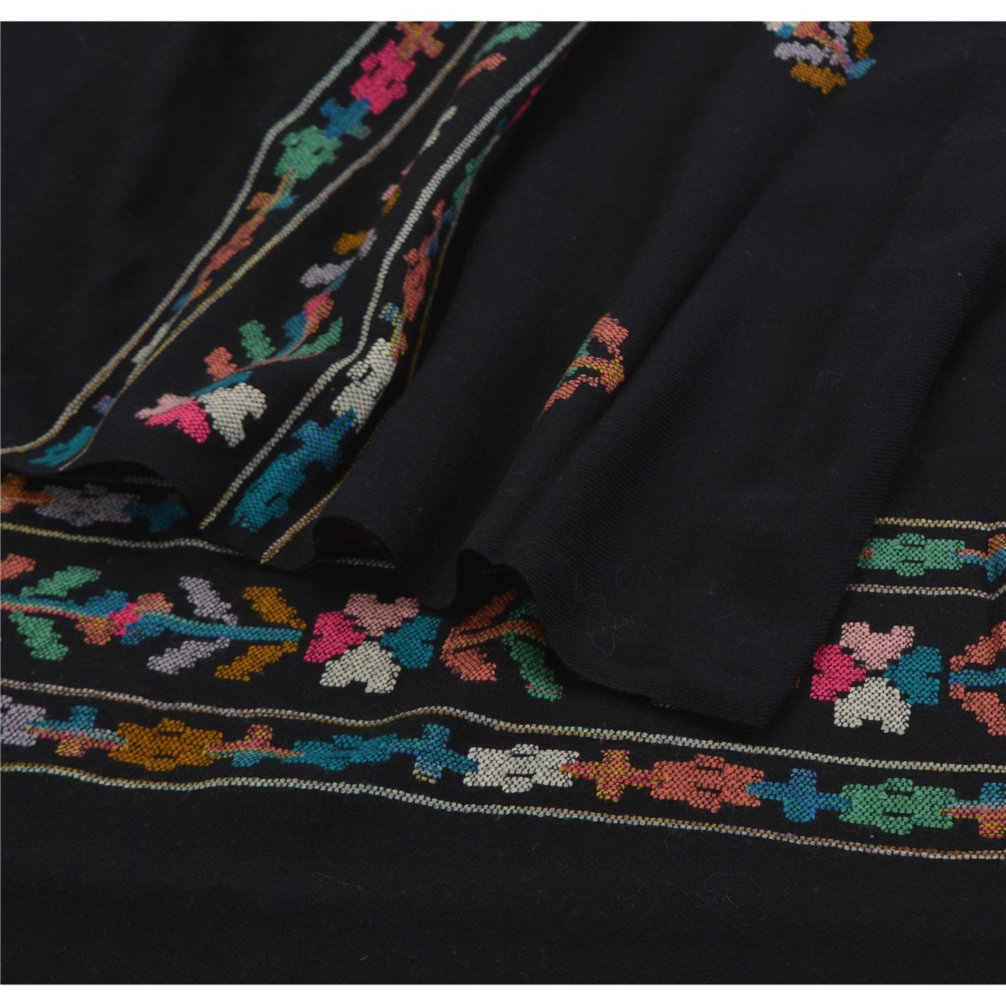 Sanskriti Vintage Long Stole Pure Wool Black Hand Embroidered Kullu Shawl