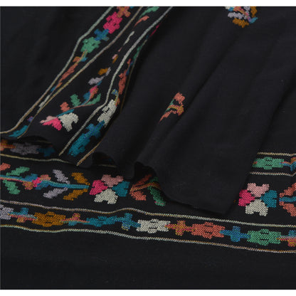 Sanskriti Vintage Long Stole Pure Wool Black Hand Embroidered Kullu Shawl