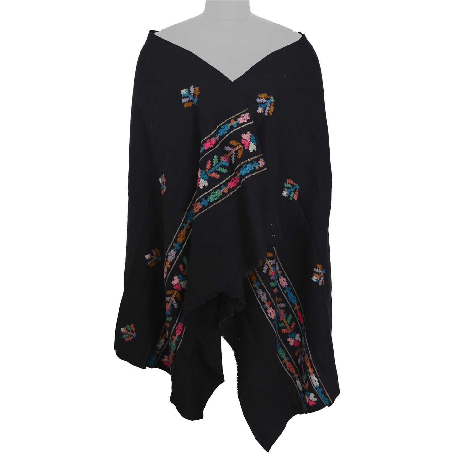 Sanskriti Vintage Long Stole Pure Wool Black Hand Embroidered Kullu Shawl
