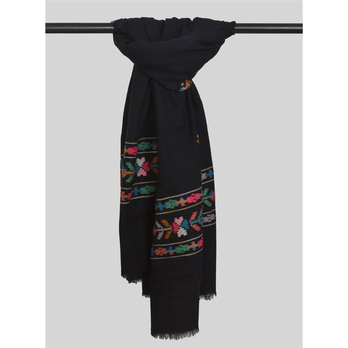 Sanskriti Vintage Long Stole Pure Wool Black Hand Embroidered Kullu Shawl