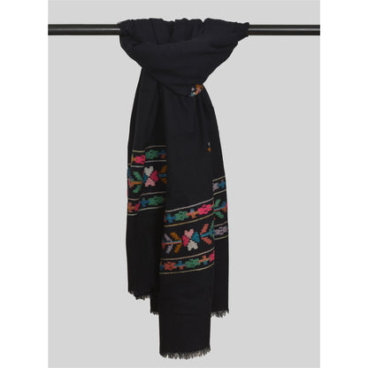 Sanskriti Vintage Long Stole Pure Wool Black Hand Embroidered Kullu Shawl