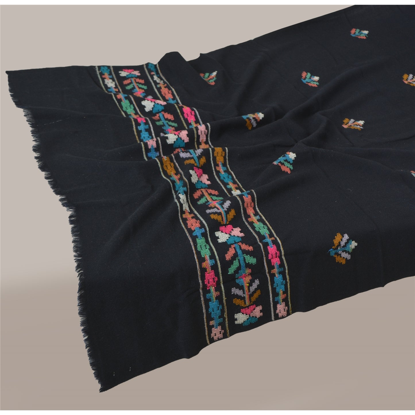 Sanskriti Vintage Long Stole Pure Wool Black Hand Embroidered Kullu Shawl