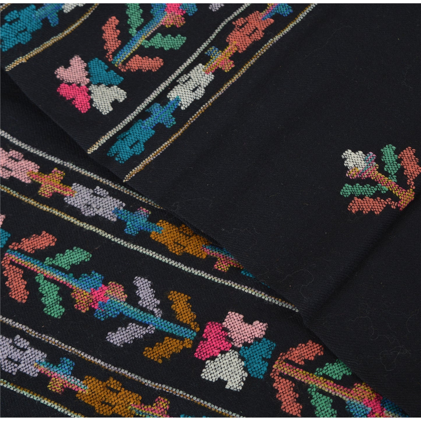 Sanskriti Vintage Long Stole Pure Wool Black Hand Embroidered Kullu Shawl