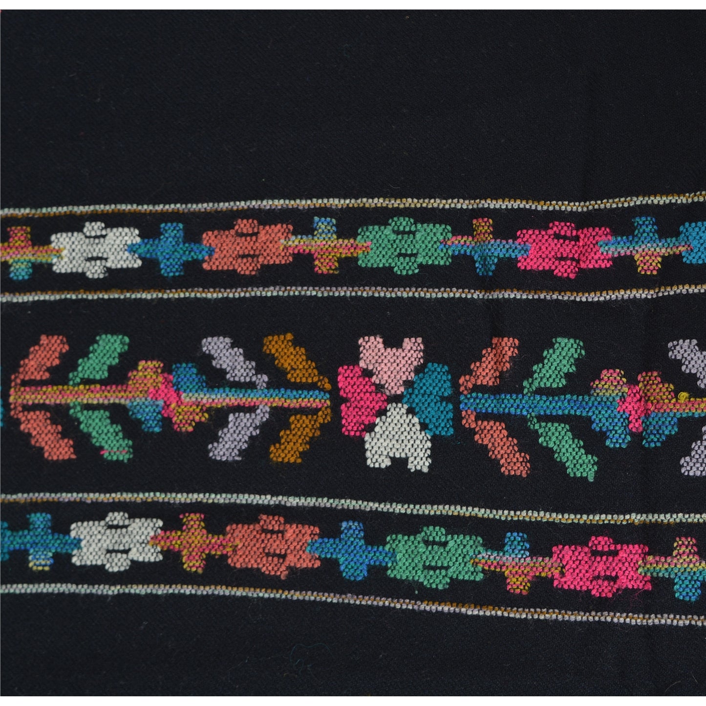 Sanskriti Vintage Long Stole Pure Wool Black Hand Embroidered Kullu Shawl