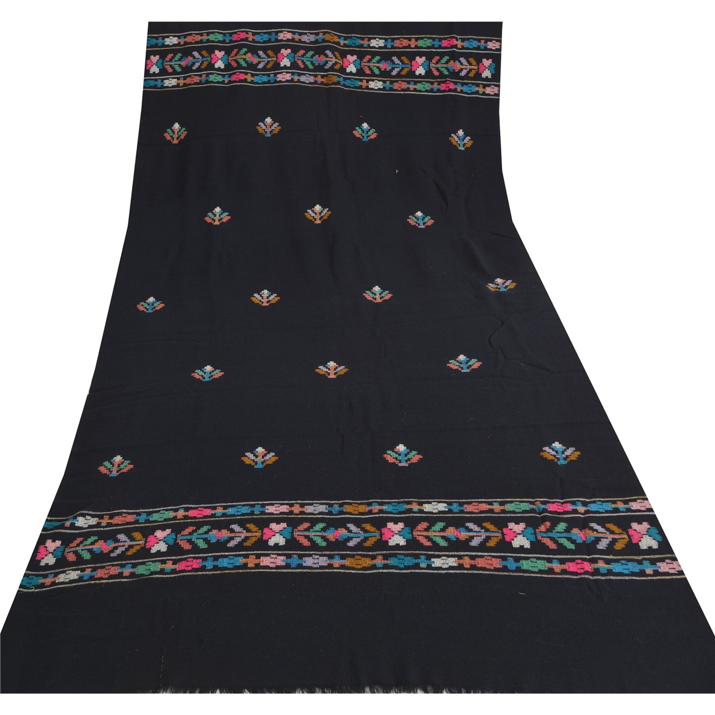 Sanskriti Vintage Long Stole Pure Wool Black Hand Embroidered Kullu Shawl