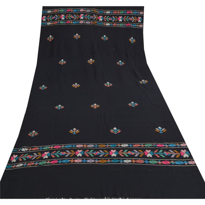 Sanskriti Vintage Long Stole Pure Wool Black Hand Embroidered Kullu Shawl