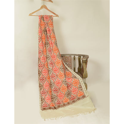 Sanskriti Vintage Ivory Pure Wool Shawl Handmade Ari Long Throw Floral Stole