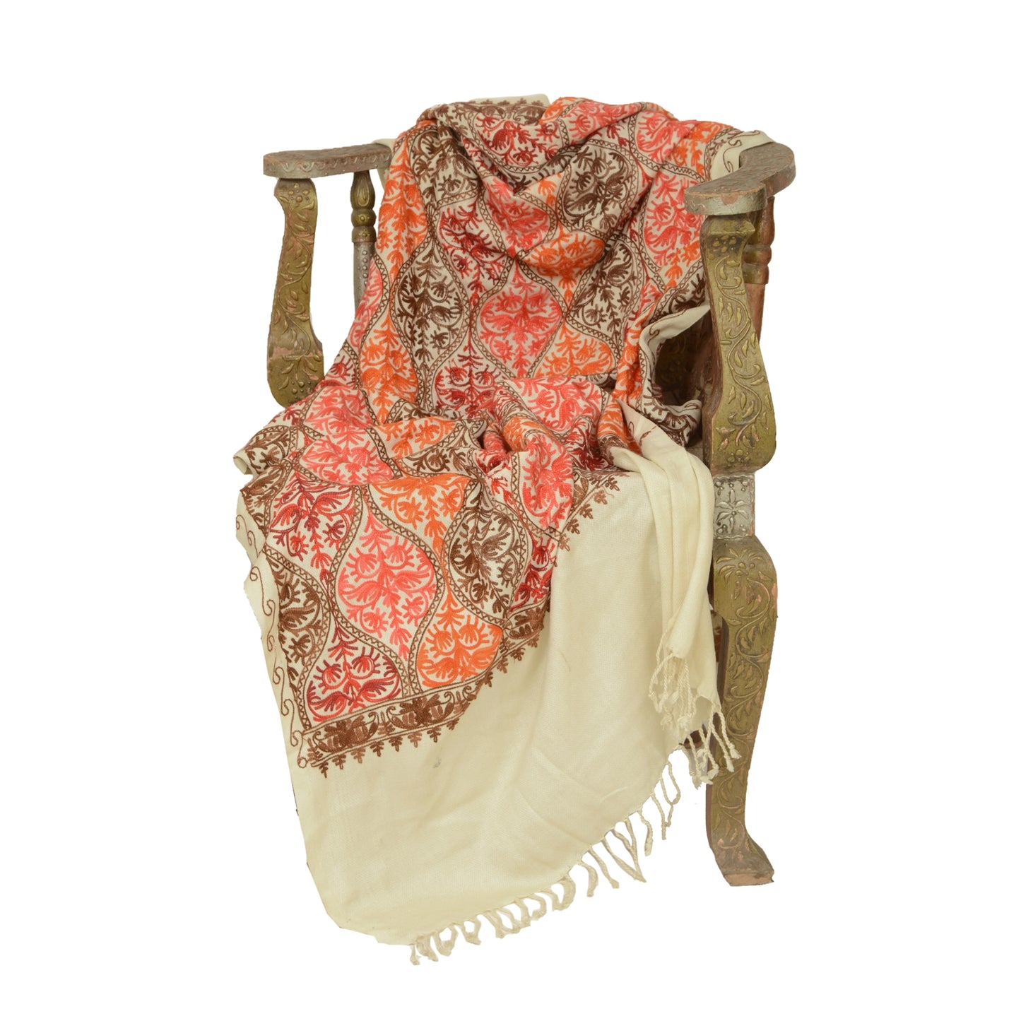 Sanskriti Vintage Ivory Pure Wool Shawl Handmade Ari Long Throw Floral Stole