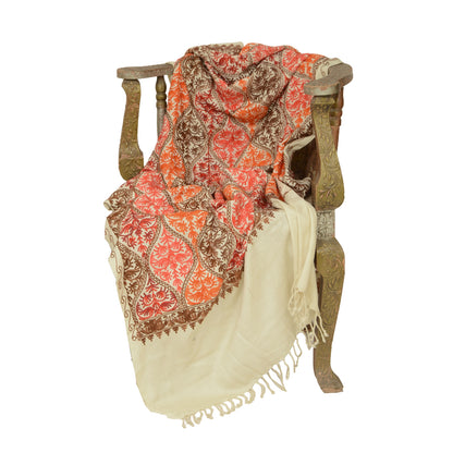Sanskriti Vintage Ivory Pure Wool Shawl Handmade Ari Long Throw Floral Stole