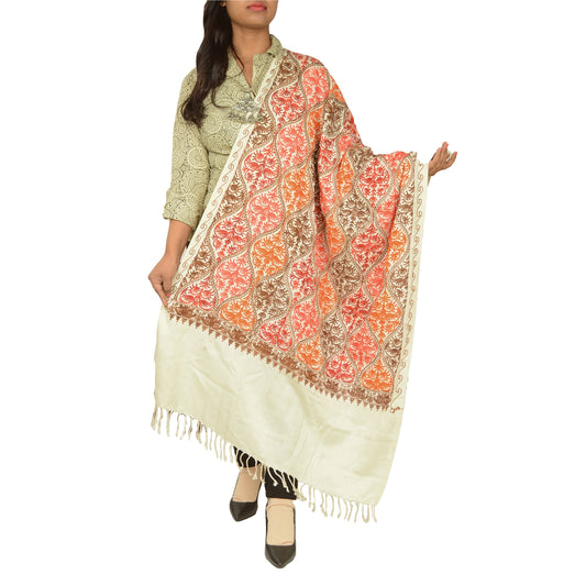 Sanskriti Vintage Ivory Pure Wool Shawl Handmade Ari Long Throw Floral Stole