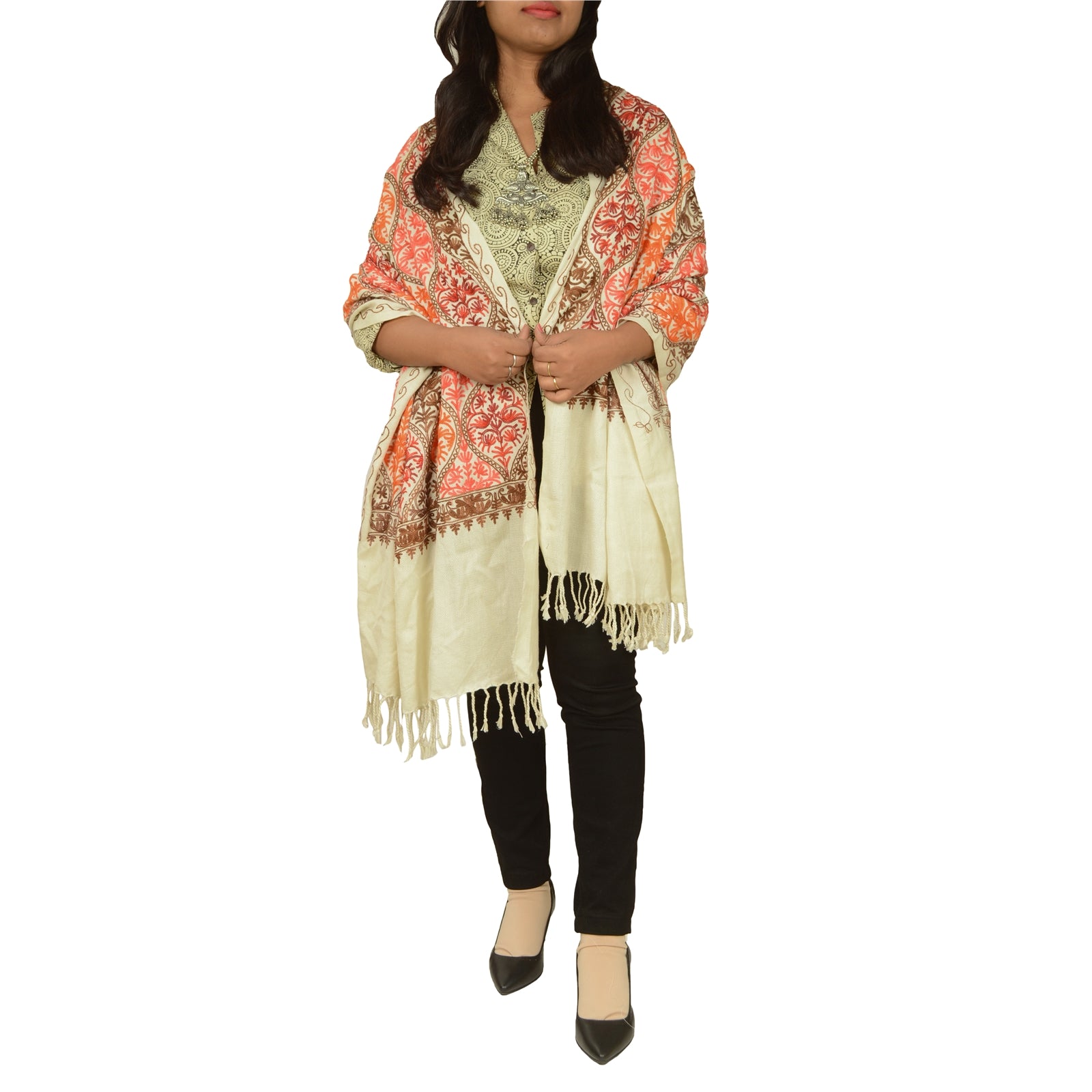 Sanskriti Vintage Ivory Pure Wool Shawl Handmade Ari Long Throw Floral Stole