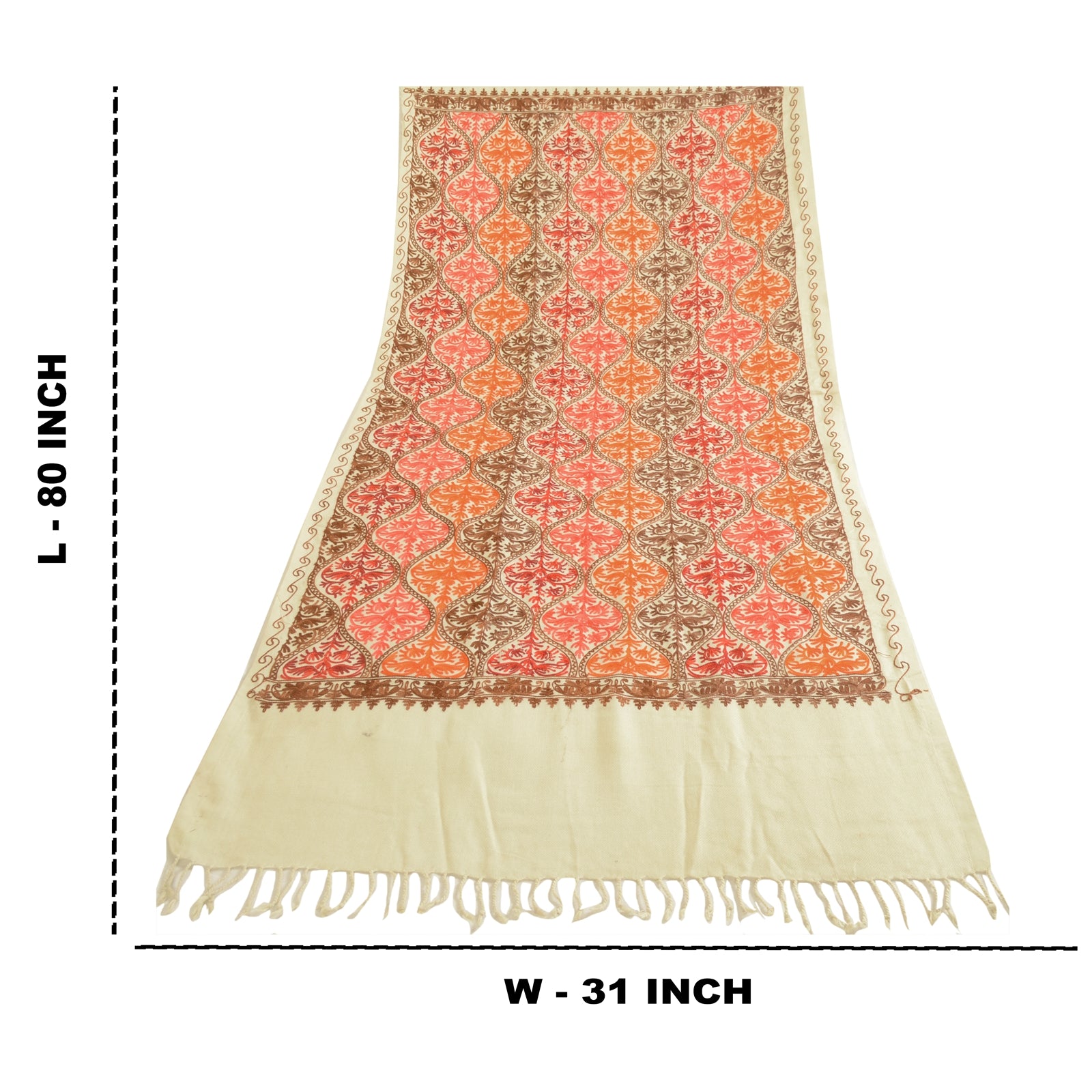 Sanskriti Vintage Ivory Pure Wool Shawl Handmade Ari Long Throw Floral Stole