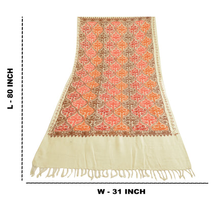 Sanskriti Vintage Ivory Pure Wool Shawl Handmade Ari Long Throw Floral Stole