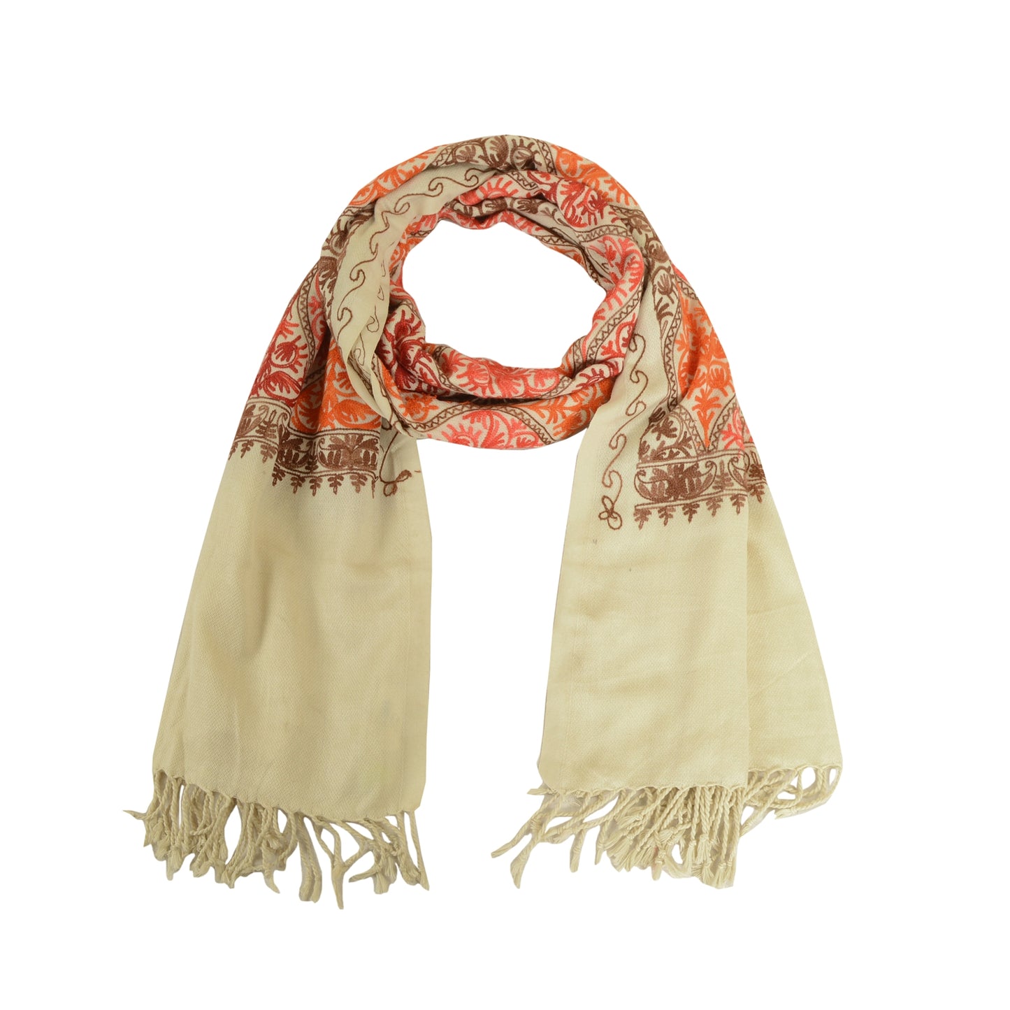 Sanskriti Vintage Ivory Pure Wool Shawl Handmade Ari Long Throw Floral Stole