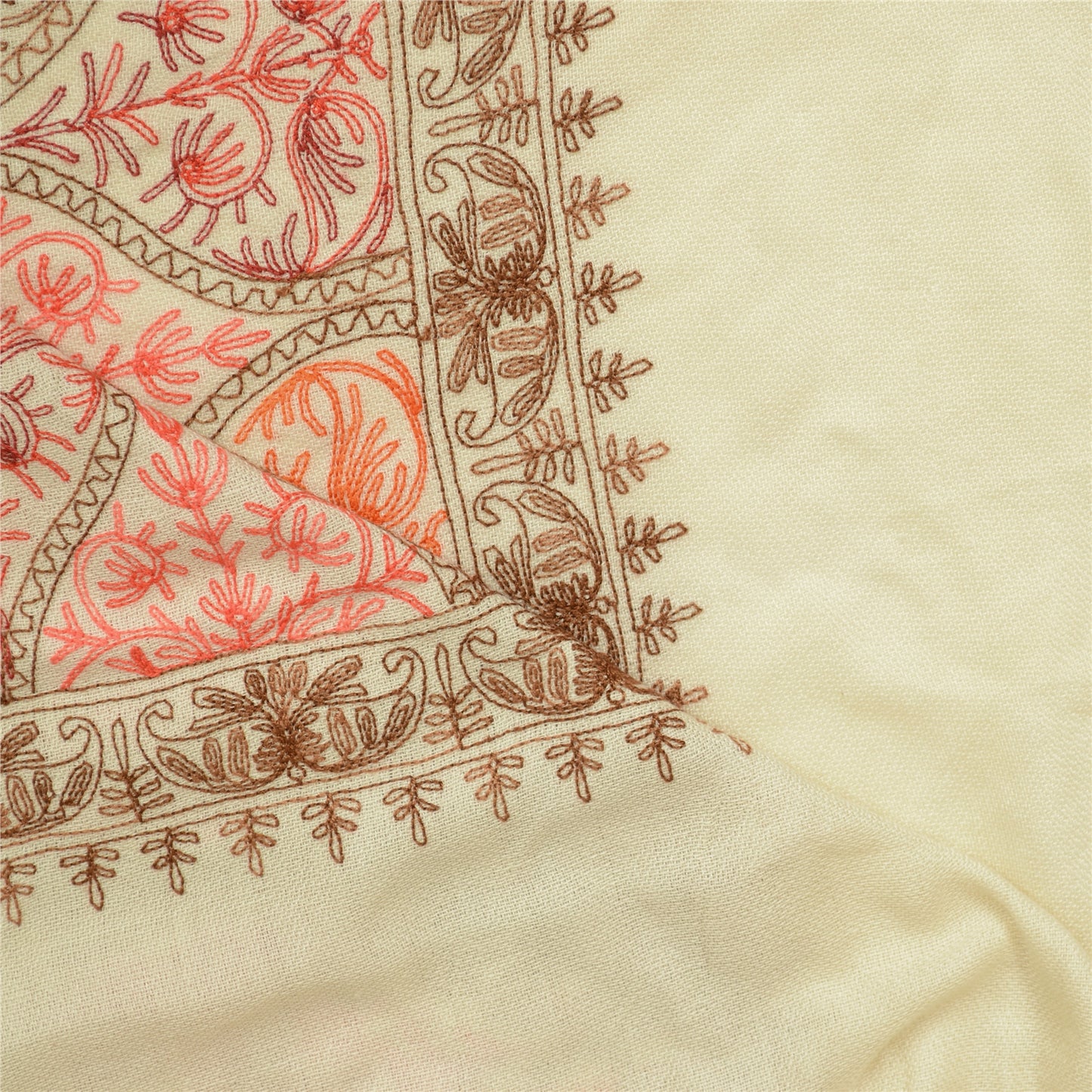 Sanskriti Vintage Ivory Pure Wool Shawl Handmade Ari Long Throw Floral Stole