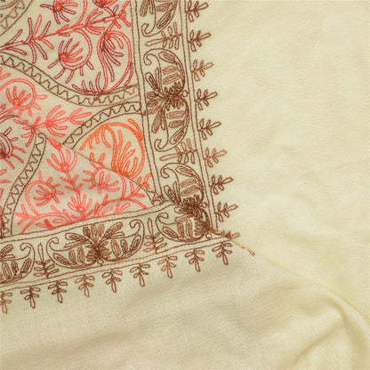 Sanskriti Vintage Ivory Pure Wool Shawl Handmade Ari Long Throw Floral Stole